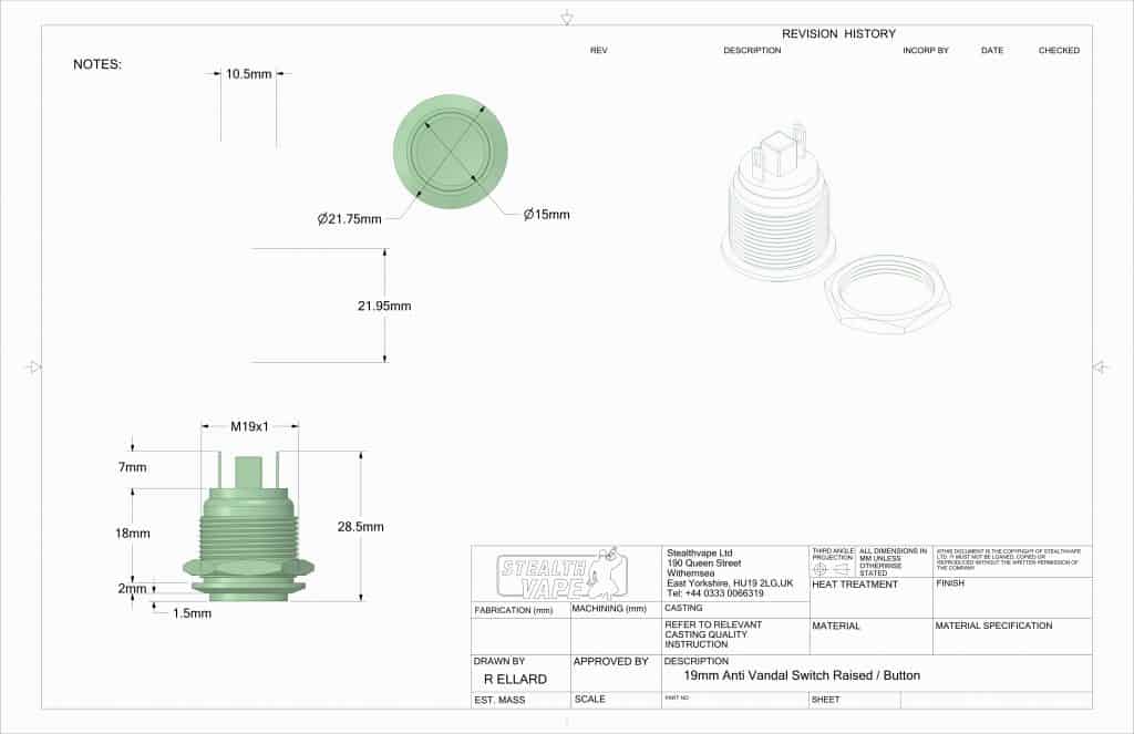 19mm switch raised button