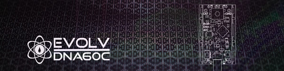 Evolv DNA60C Banner showing board outline with dark geometric background